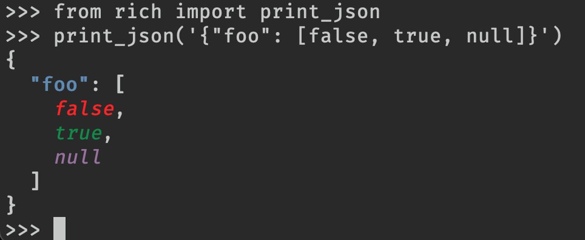 If you work with JSON regularly (90% of Python developers I suspect) you might appreciate the print_json function just landed in Rich v10.9.0 If you c